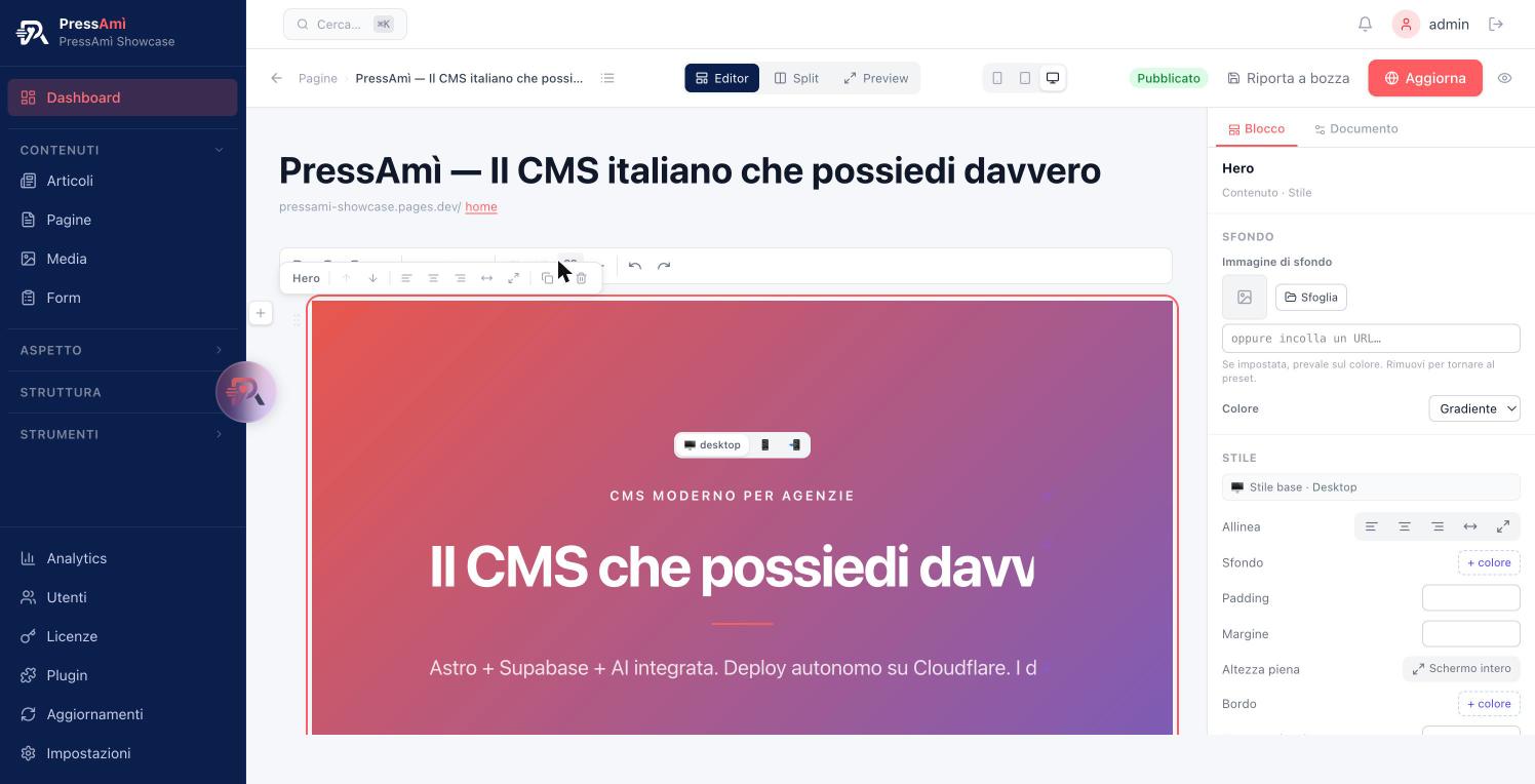 Editor visuale PressAmì — canvas con Hero gradiente e inspector stile a destra