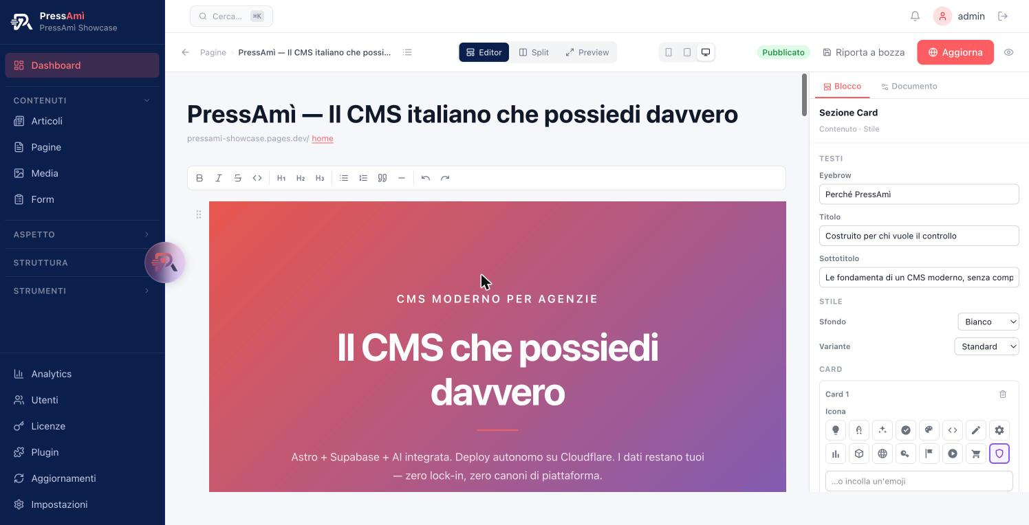 Inspector del blocco Cards nell'editor PressAmì — campi titolo, eyebrow e selettore icone
